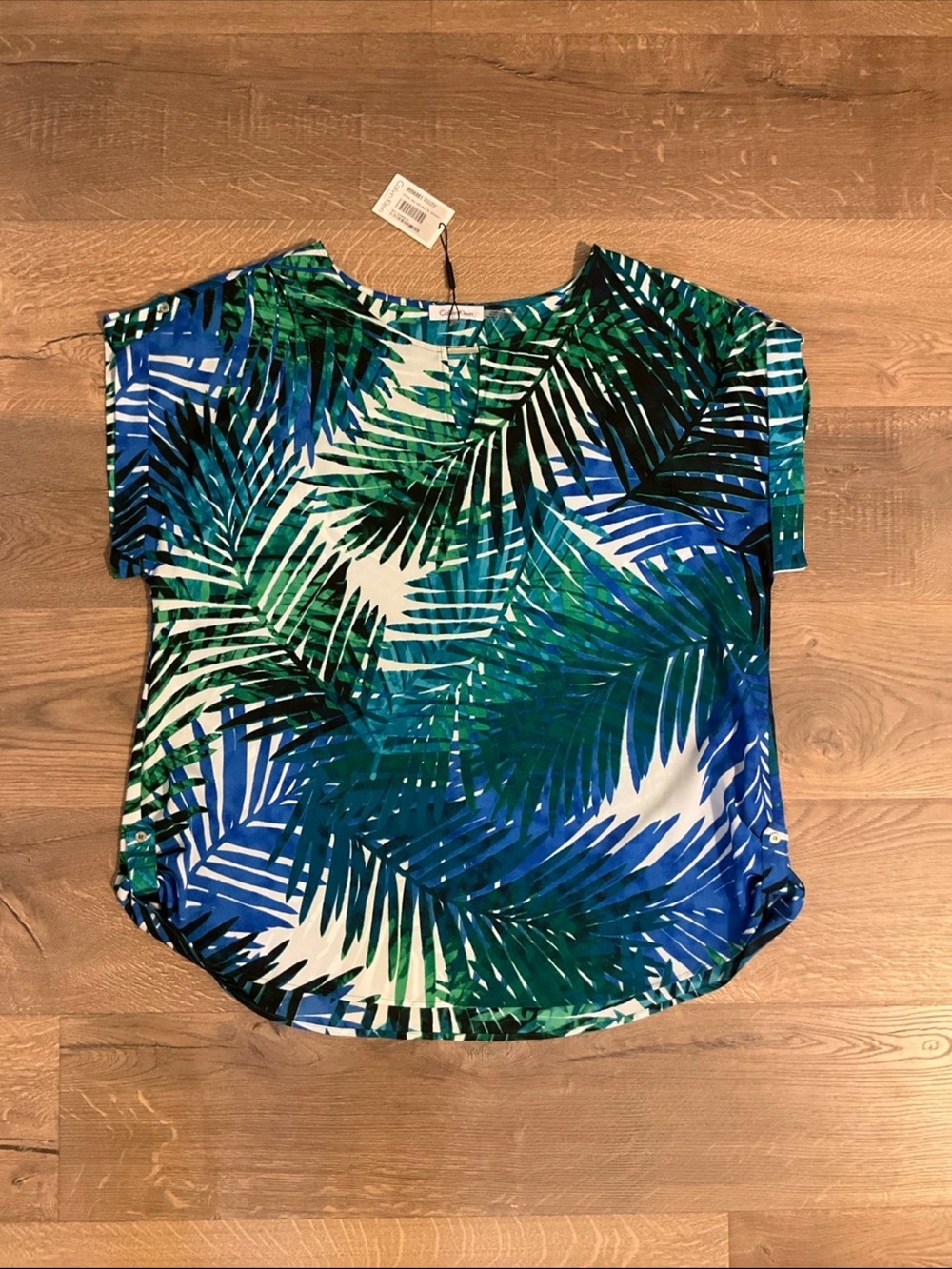 Calvin Klein blue, green, white short sleeve palm print blouse, OX, NWT!